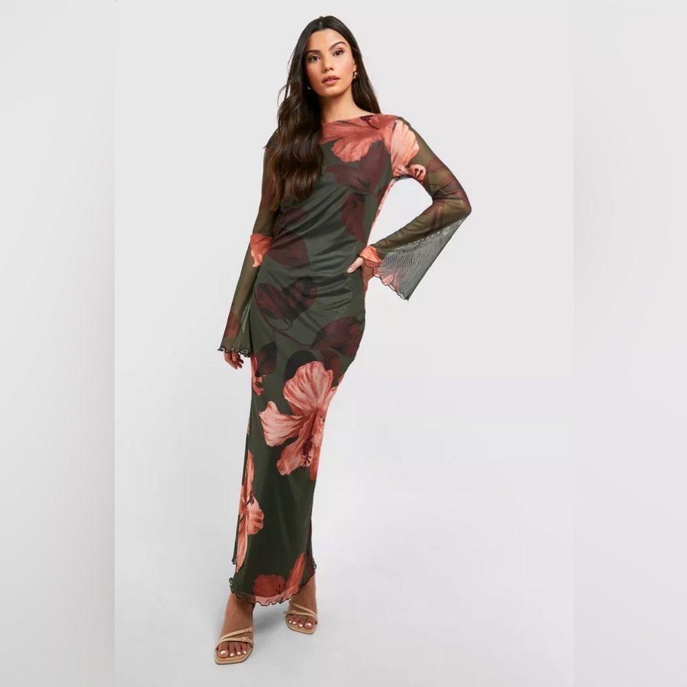 Boohoo Hibiscus Mesh Scoop Back Maxi Dress